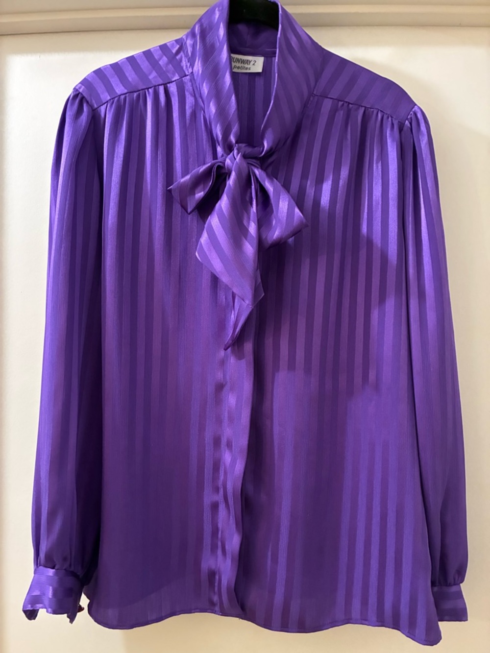 Vintage Purple Satin Stripe Tie-Neck Blouse